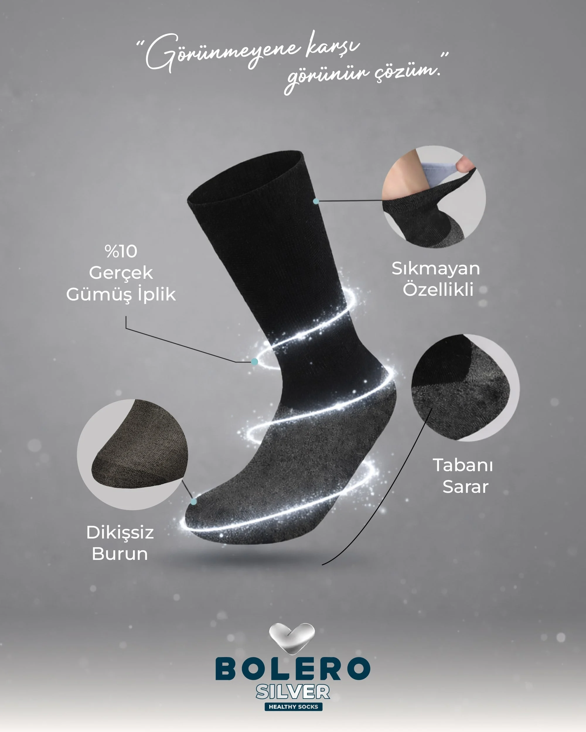 Unisex Premium Gümüş Diabet Çorap Siyah